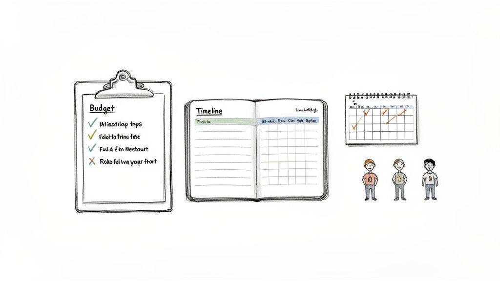 Illustration of a clipboard with a budget list, an open timeline notebook, a calendar, and three cartoon boys.
