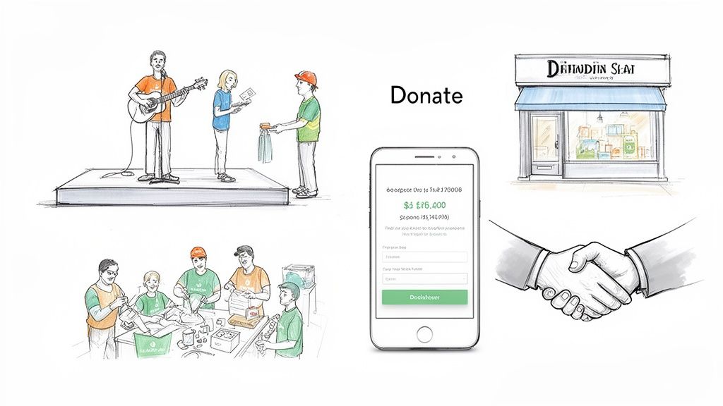 Illustrations showing community fundraising activities, online donations, a charity shop, and people shaking hands.