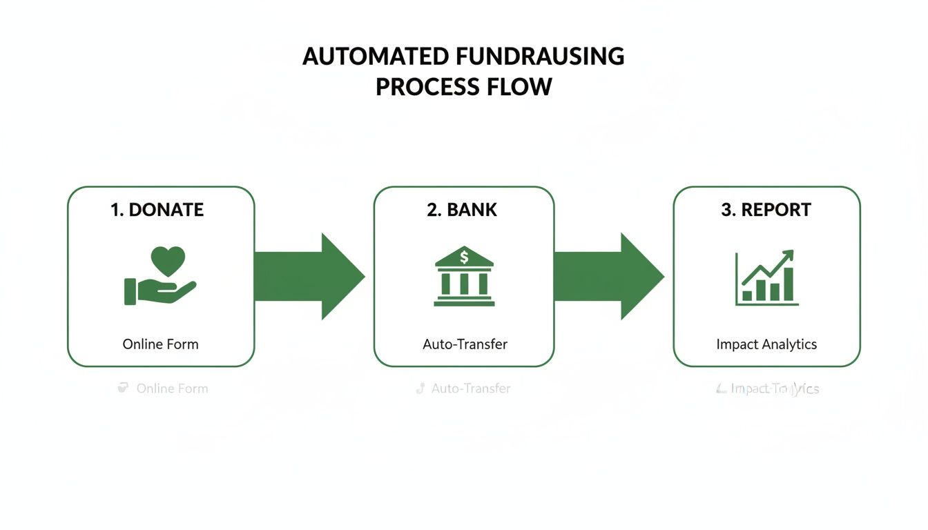 Automated fundraising process flow showing three steps: Donate, Bank, and Report with icons.