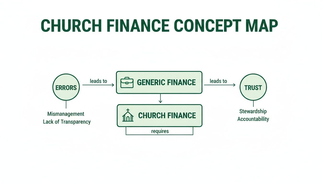 A concept map showing the relationships between errors, generic finance, church finance, and trust.