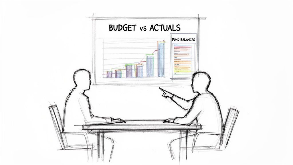 Two sketched figures discuss a 'Budget vs Actuals' chart and 'Fund Balances' during a financial meeting.