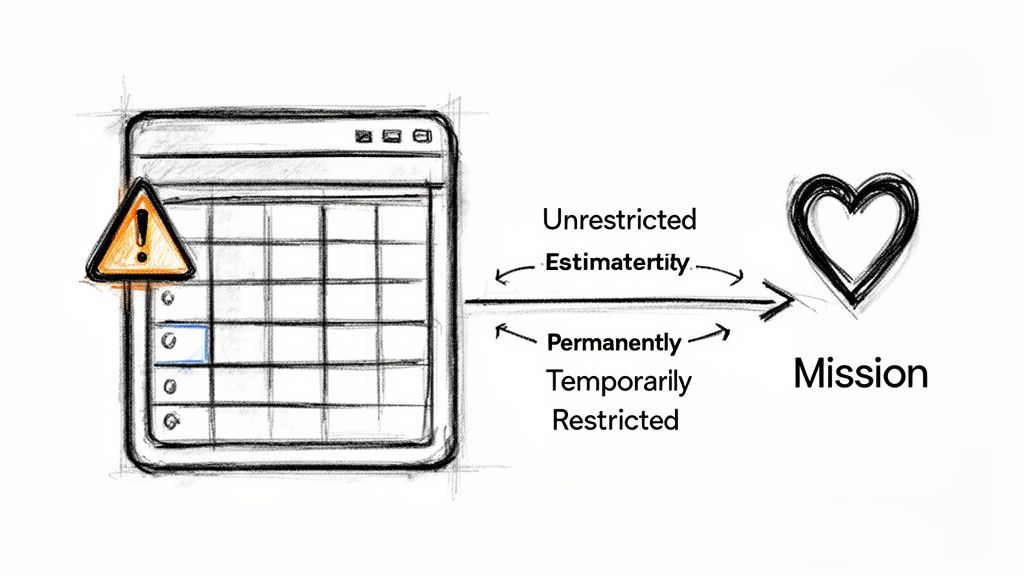 A sketch illustrating financial categories (unrestricted, restricted) leading to a mission, with a warning on a template.