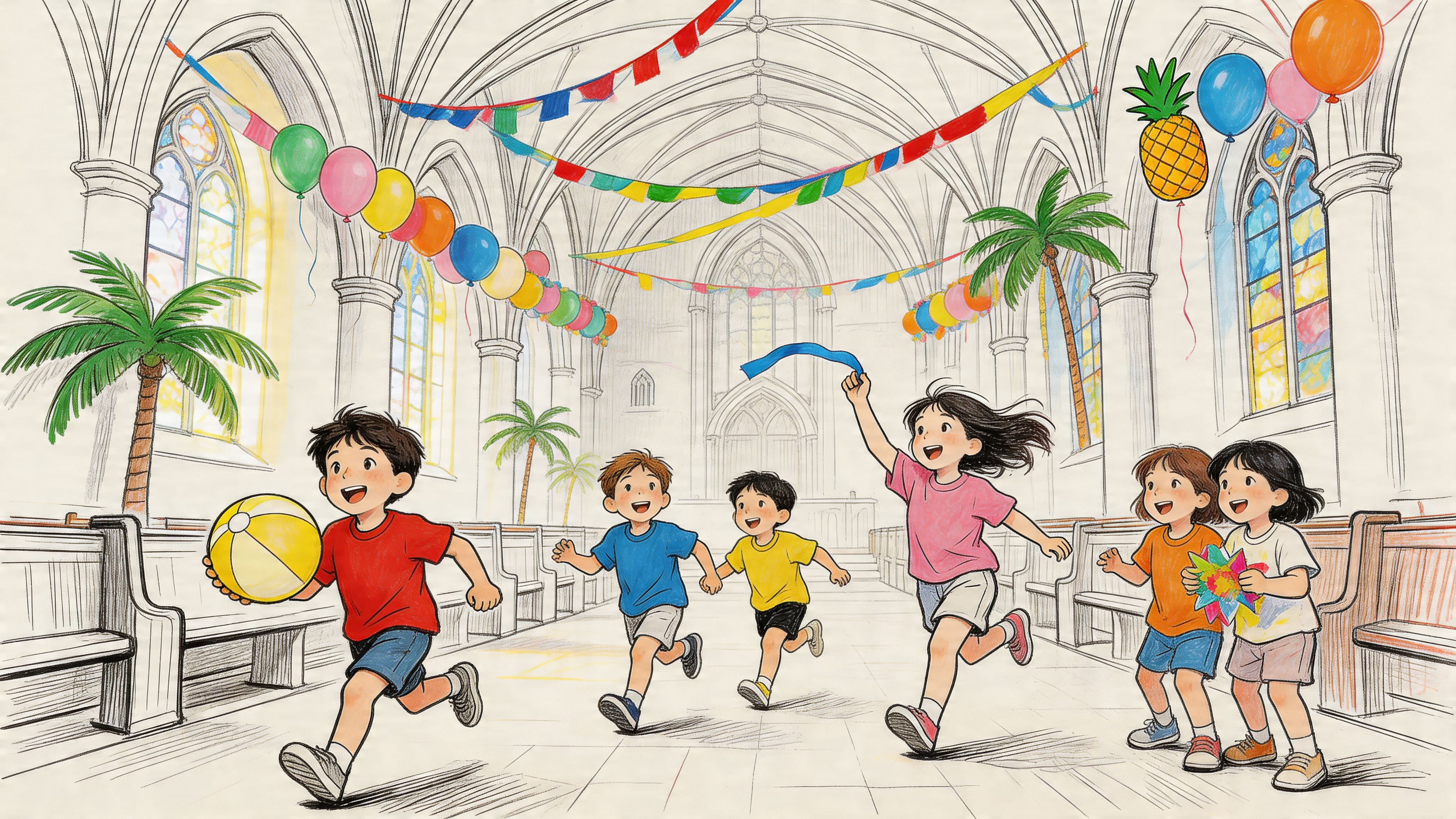 A group of happy children running and playing inside a church decorated for a summer event.