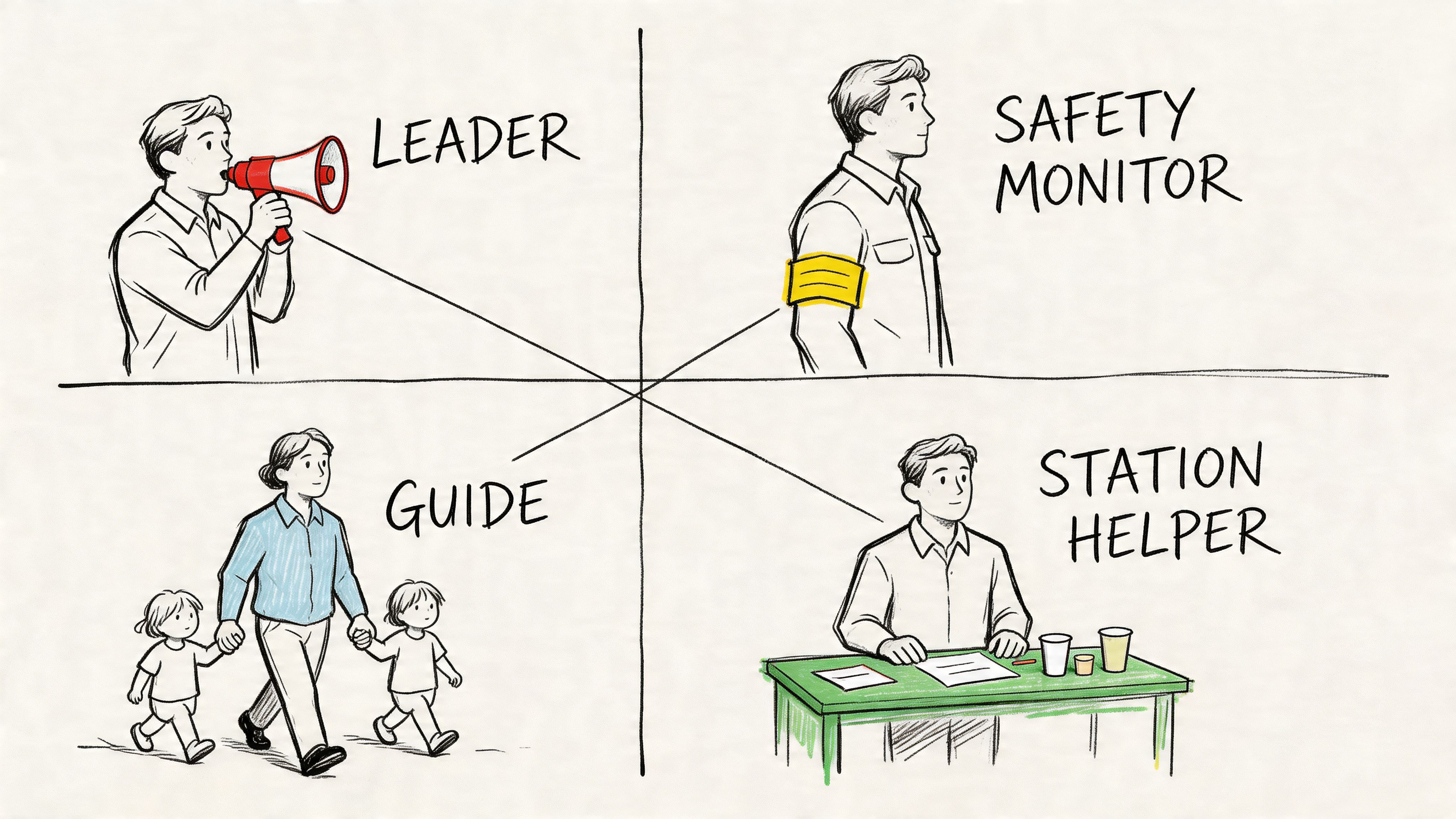 A hand-drawn illustration depicting four roles in a church VBS: Leader, Safety Monitor, Guide, and Station Helper.