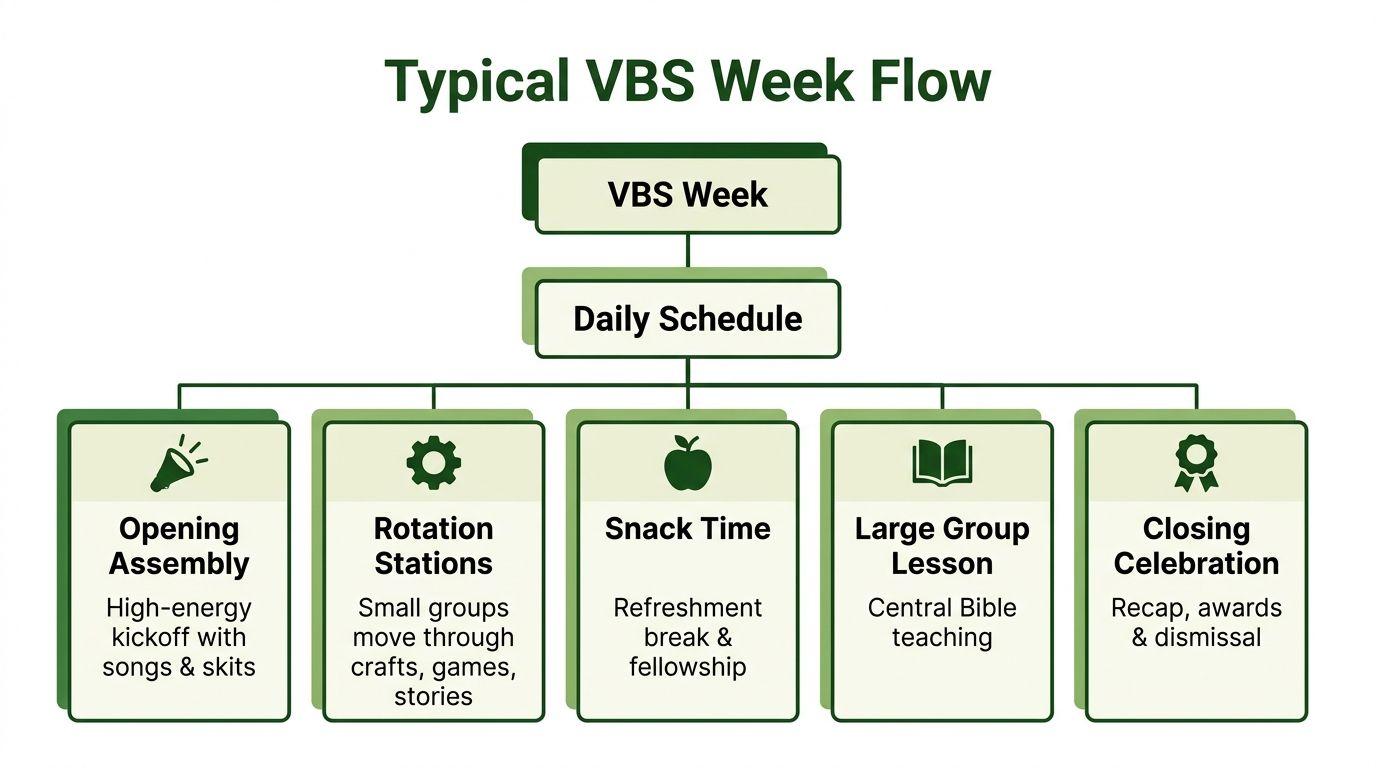 A flow chart illustrating a typical daily schedule for a Vacation Bible School week program.