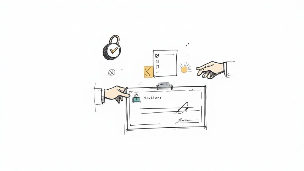 Hands holding document with signature and lock icon representing nonprofit treasurer security and approval duties