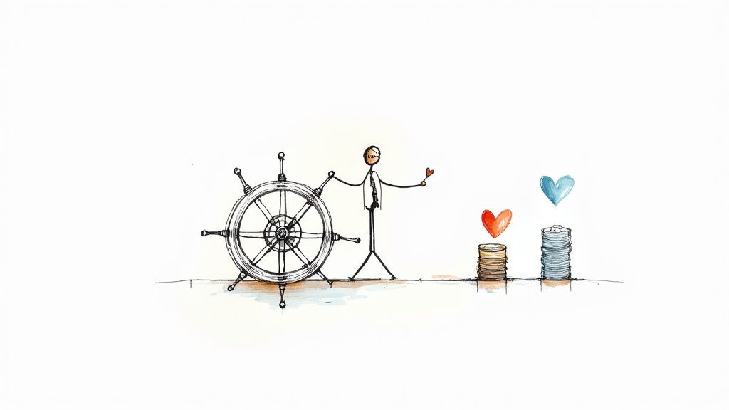 Stick figure at ship wheel holding heart with coin stacks representing nonprofit treasurer financial stewardship