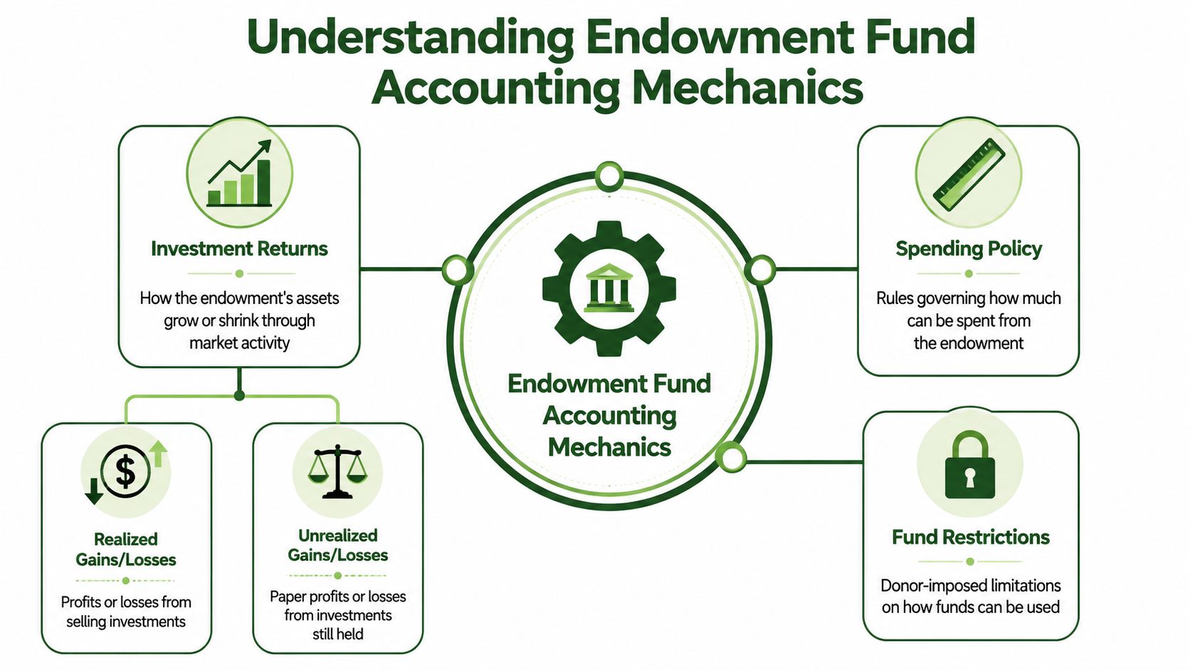 A diagram illustrating the core mechanics of endowment fund accounting, including investment returns, spending policies, and restrictions.