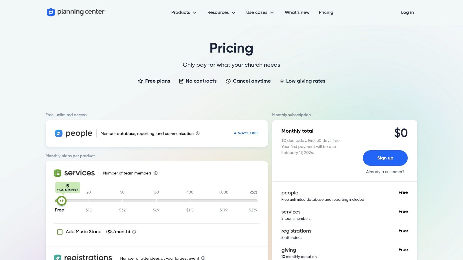 Planning Center's pricing page showing its modular, product-based structure
