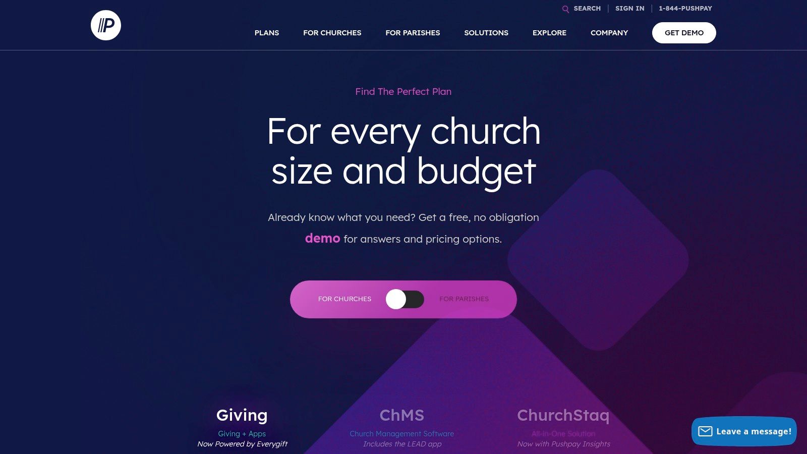 The Pushpay platform showing its integrated dashboard for church management