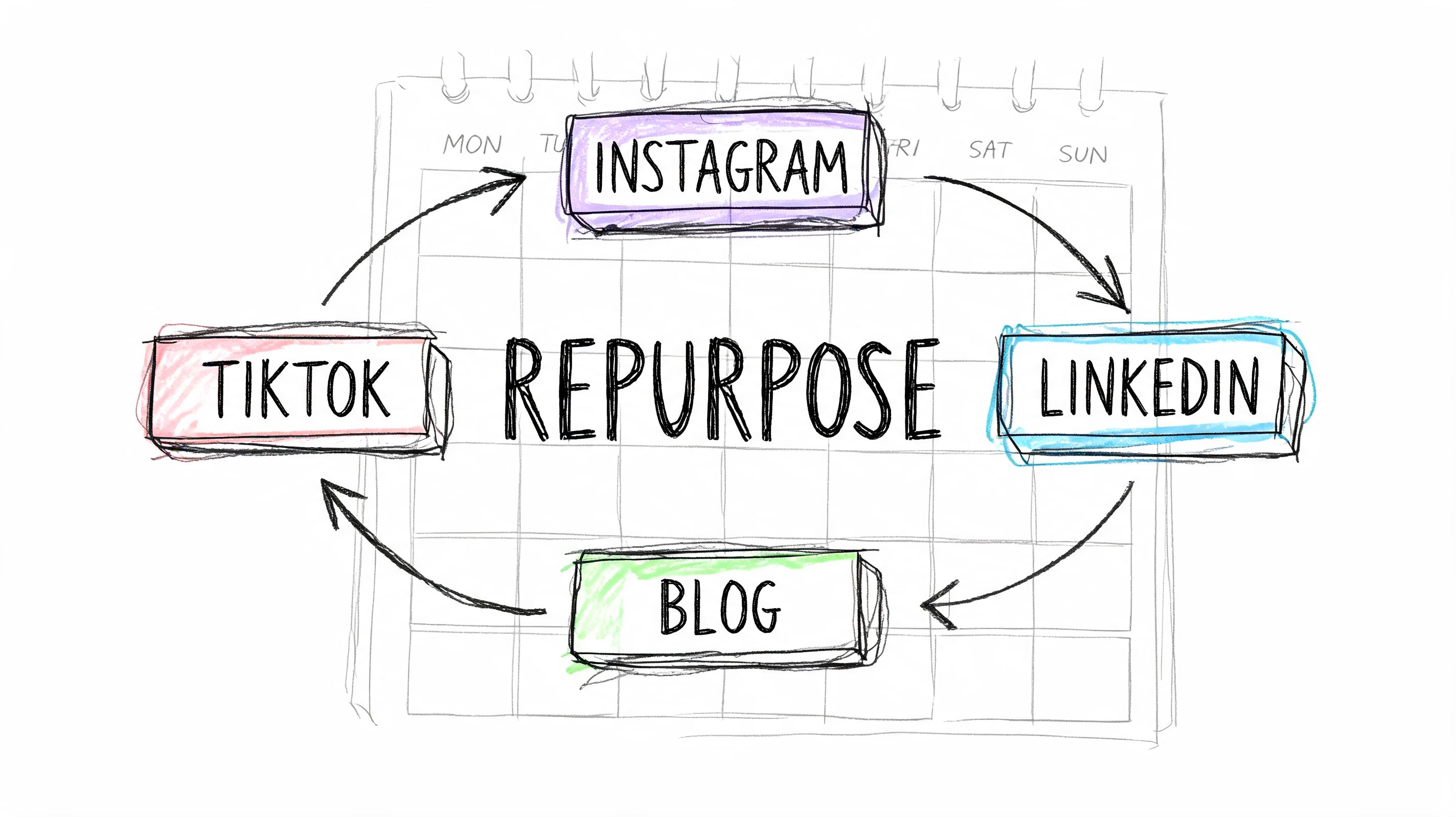 A hand-drawn diagram illustrating a content repurposing cycle between TikTok, Instagram, LinkedIn, and a blog.