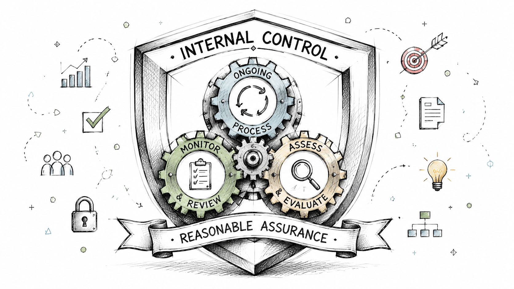 A hand-drawn illustration depicting internal control with three interlocking gears labeled ongoing process, monitor, review, assess, evaluate.
