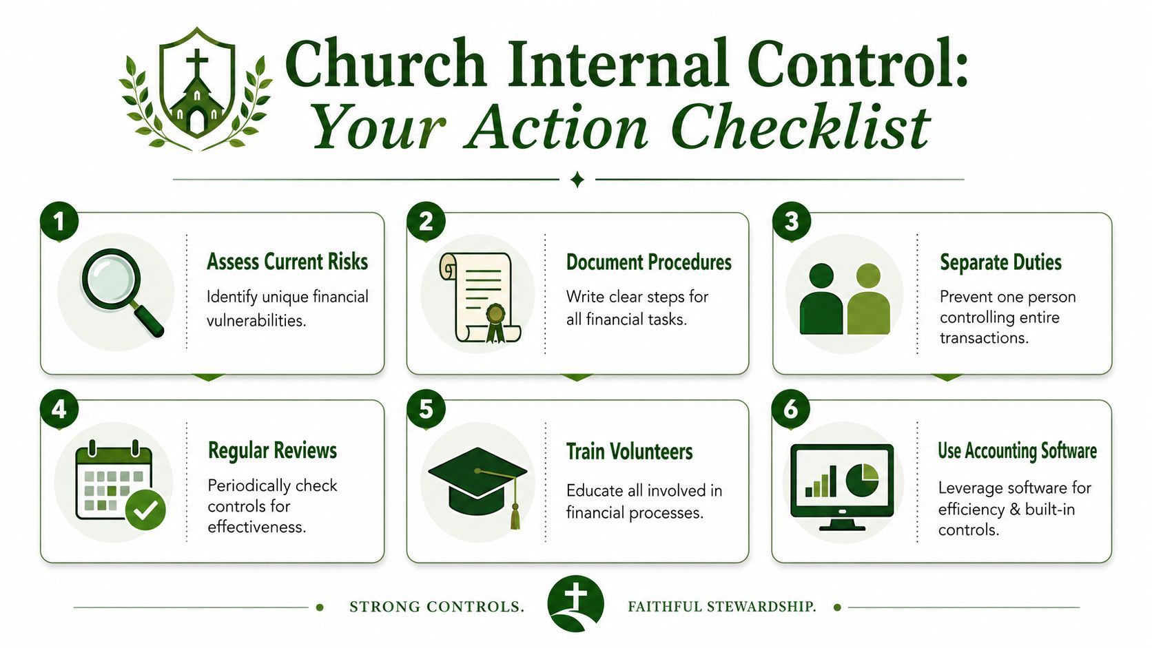 A six-step infographic titled Church Internal Control outlining essential financial management practices for church organizations.