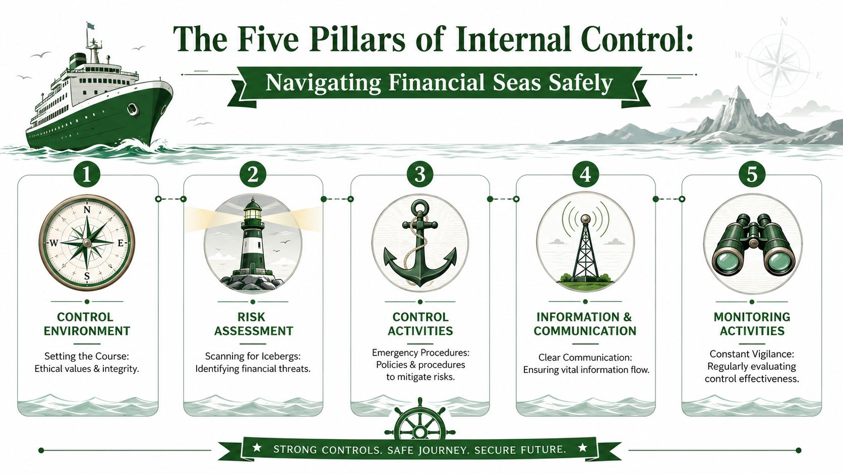 An infographic titled The Five Pillars of Internal Control showing five steps for navigating financial management safely.