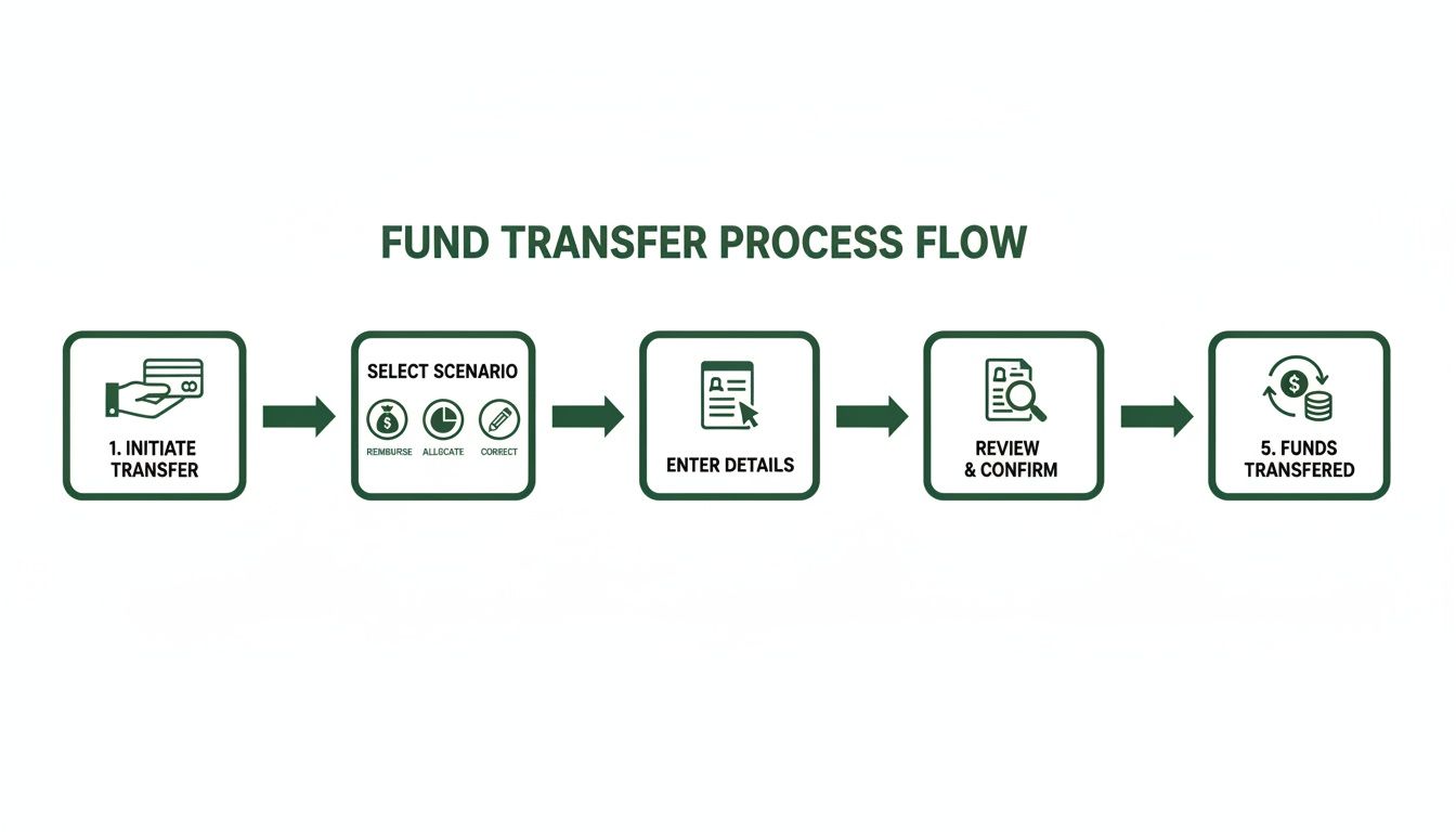 A green and white diagram illustrating a 5-step fund transfer process flow from initiation to transfer.