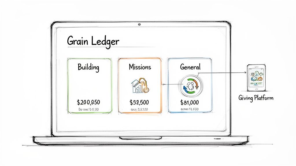 A digital ledger displays Building, Missions, and General funds, linked to a mobile giving platform.