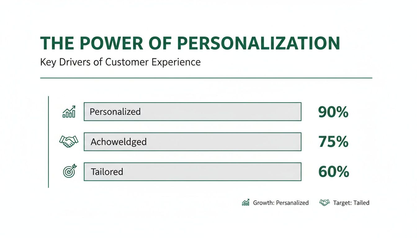 Bar chart on key drivers of customer experience, showing personalized (90%), acknowledged (75%), and tailored (60%).