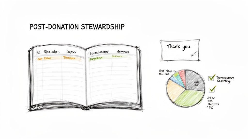 Hand-drawn diagram illustrating post-donation stewardship with a ledger, thank you note, and a pie chart.