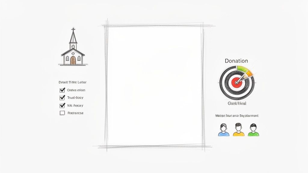 Sketch-style design featuring a church, a checklist, a donation goal graphic, and three people on a white background.