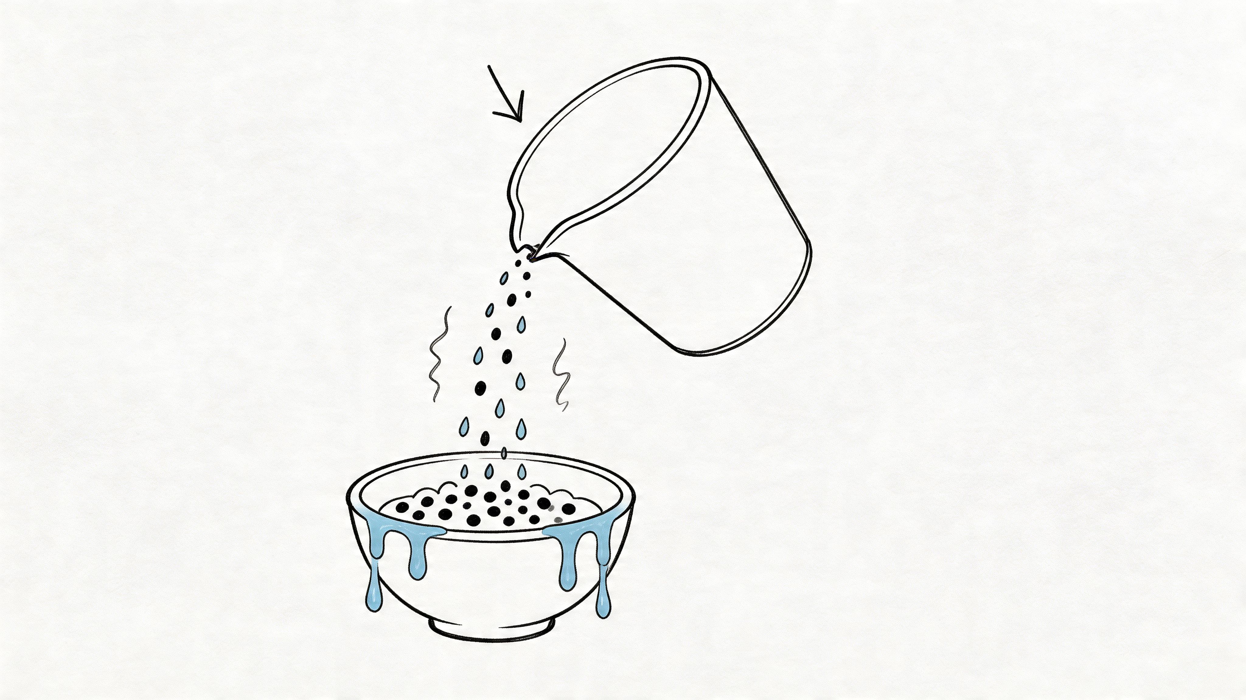 A hand-drawn illustration showing a pitcher pouring black boba pearls and liquid into a bowl.