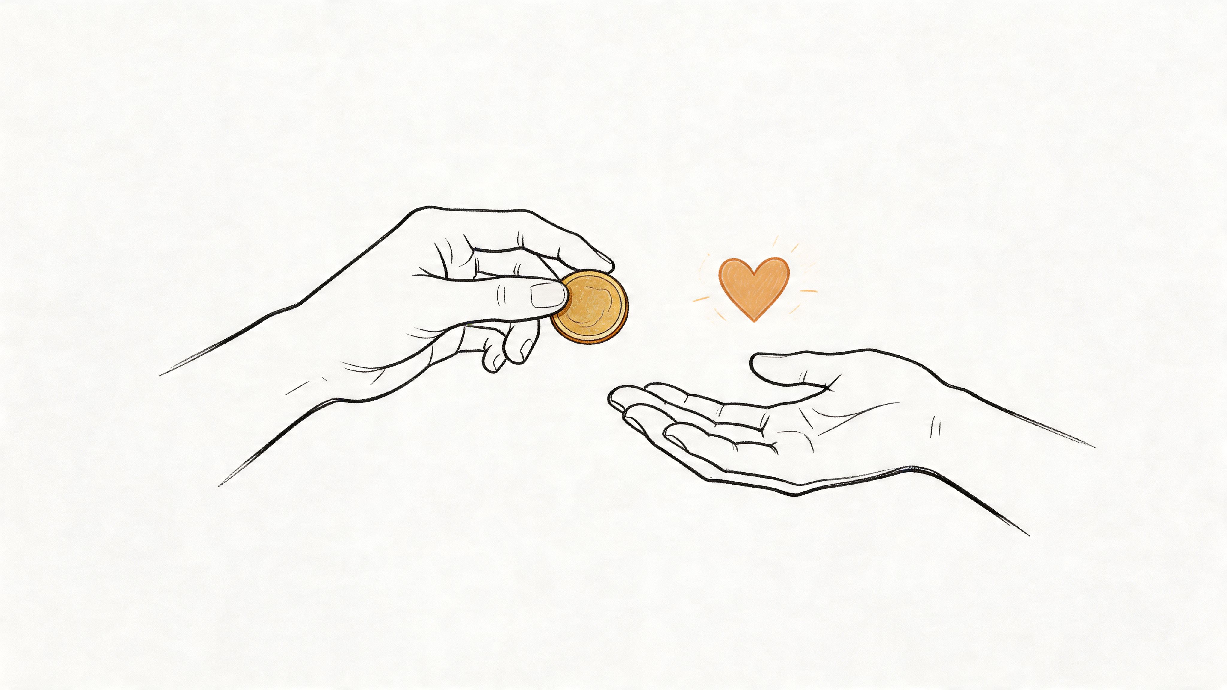 A line art drawing showing one hand giving a coin to another hand with a heart icon.