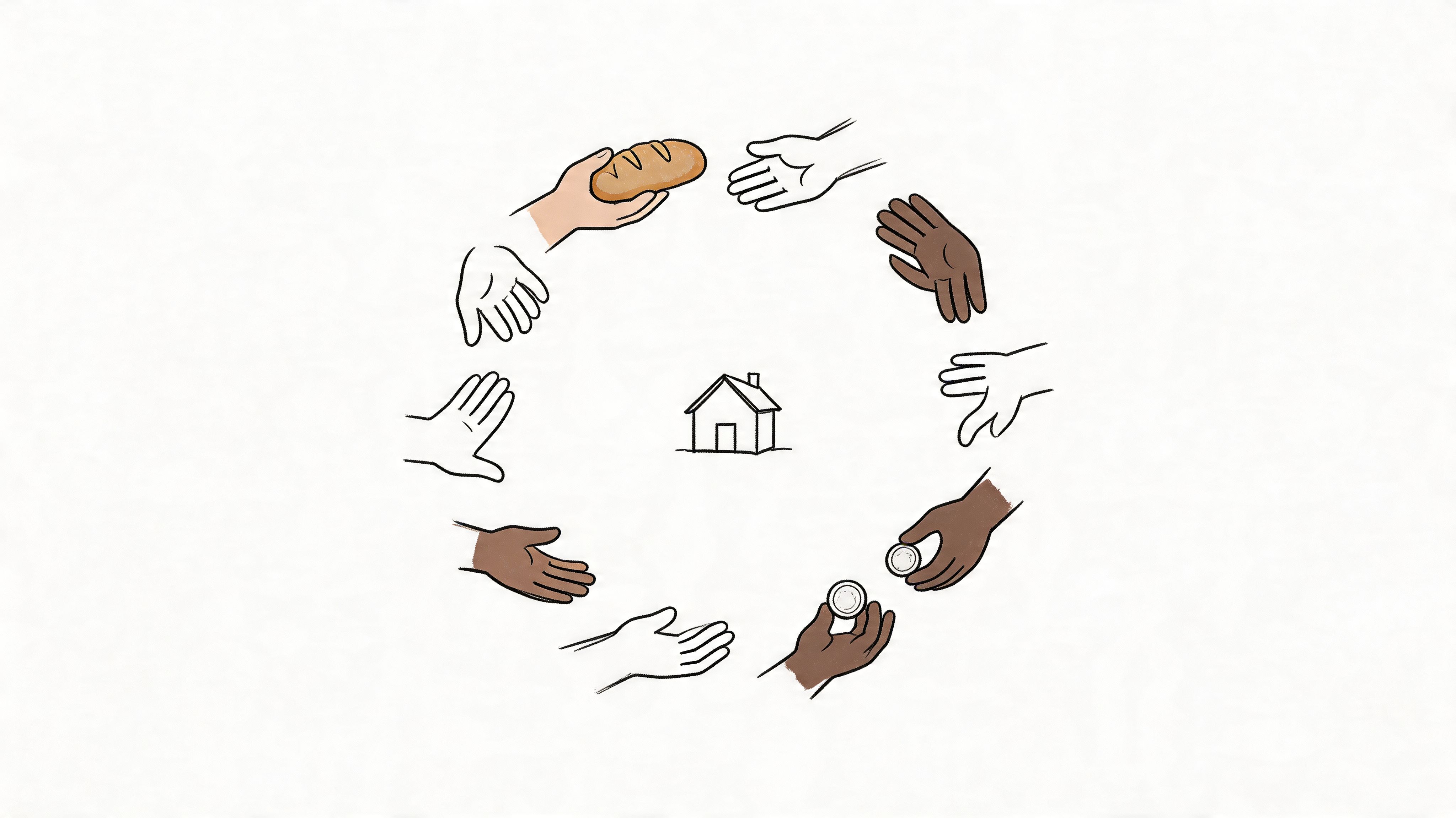 A circle of diverse hands reaching toward a house in the center, representing community support and charity.