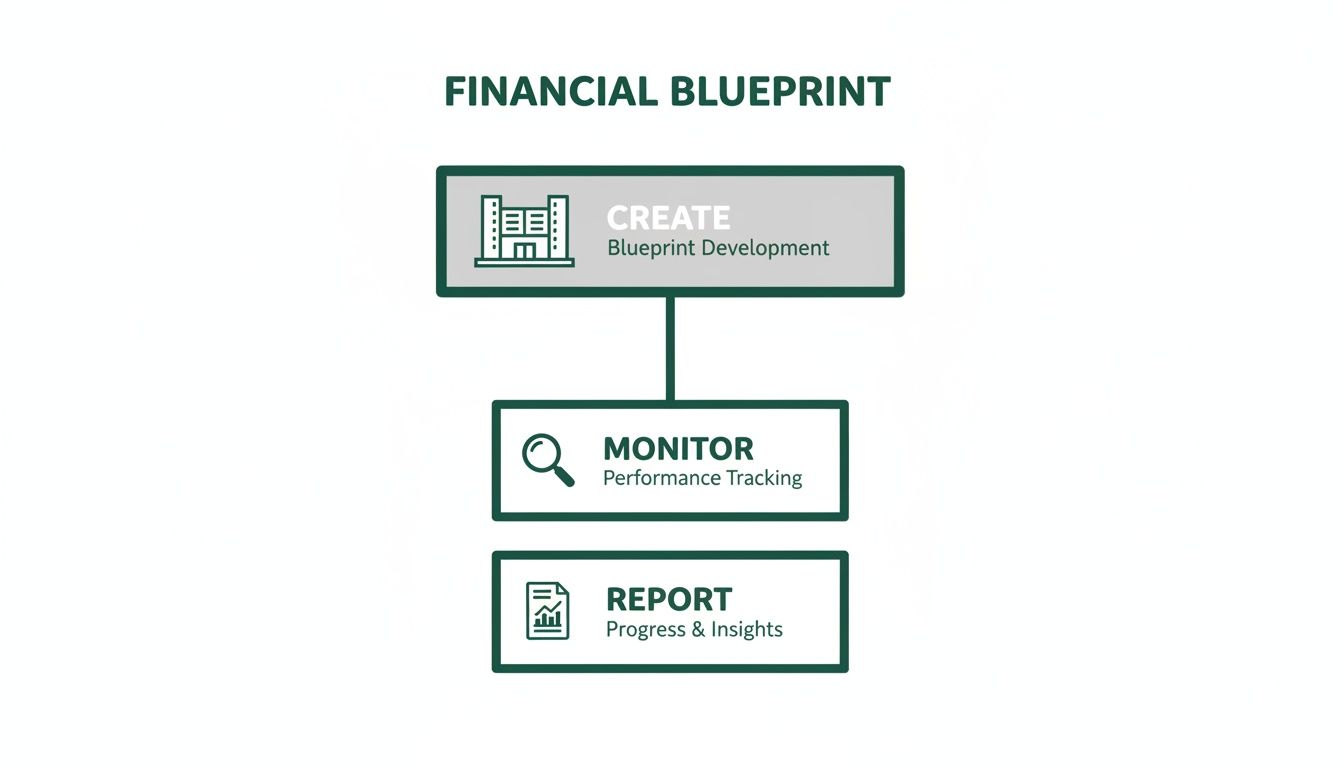 A financial blueprint flowchart showing three steps: create, monitor, and report for development, tracking, and insights.