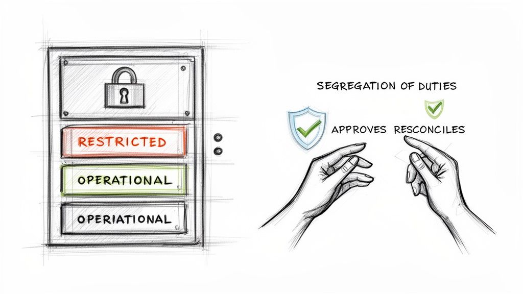 Illustration showing data classification (restricted, operational) and hands demonstrating segregation of duties.