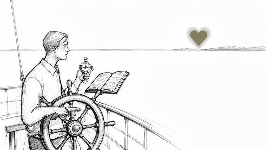 A man navigates a ship, holding a compass, with an open book, looking towards a heart symbol.