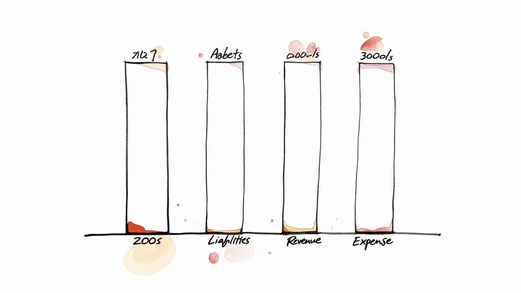 Hand-drawn bar chart illustrating financial concepts: assets, liabilities, revenue, and expenses.