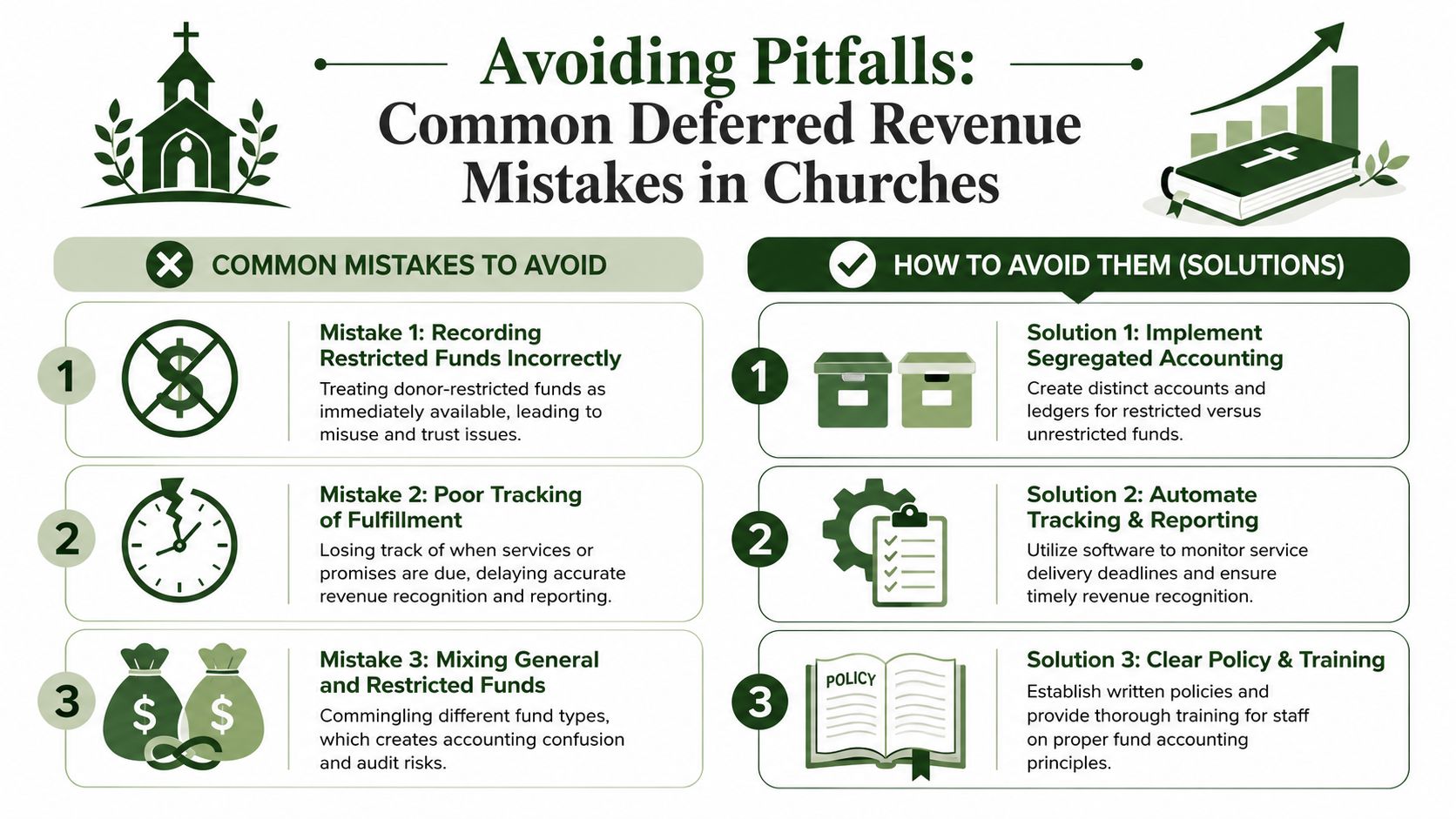 An infographic detailing common deferred revenue mistakes in churches and their corresponding financial management solutions.