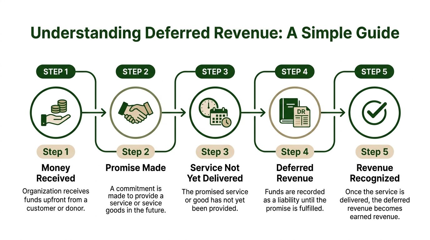 A five-step infographic explaining the process of deferred revenue from receiving funds to service delivery.