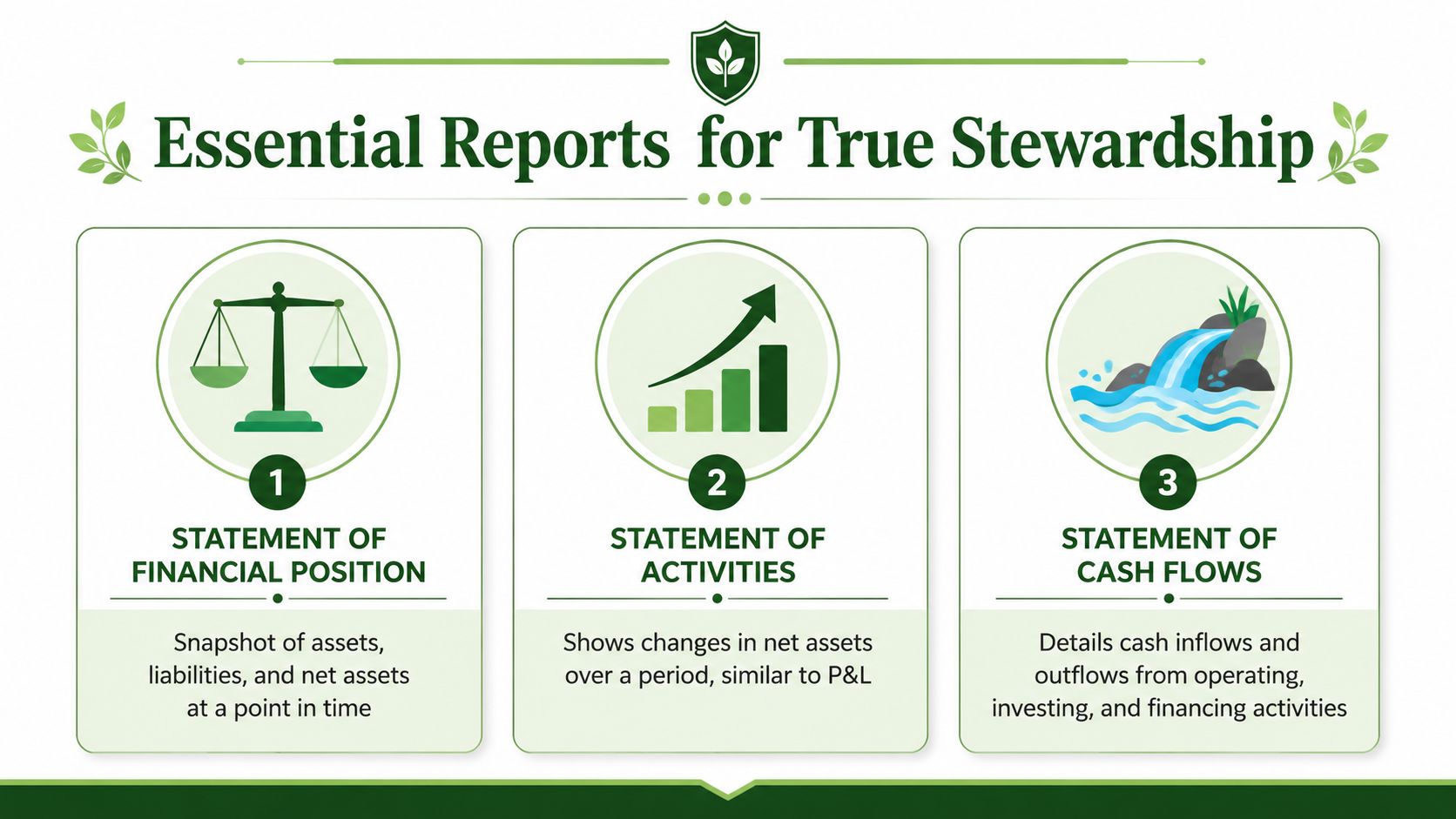 An infographic detailing the three essential financial reports for non-profit stewardship: financial position, activities, and cash flows.