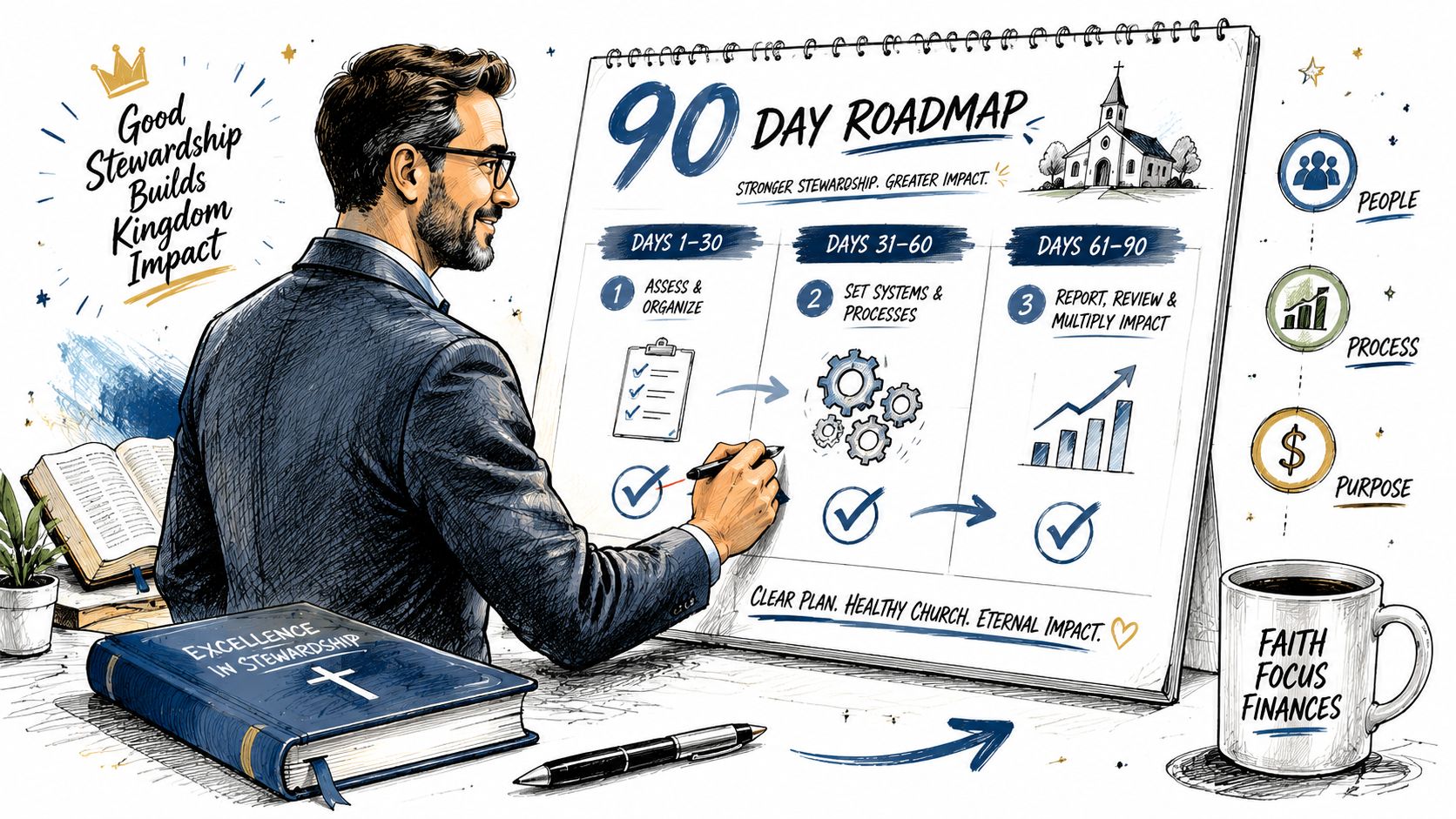 A businessman in a suit planning a 90-day church stewardship roadmap on a large flipchart pad.