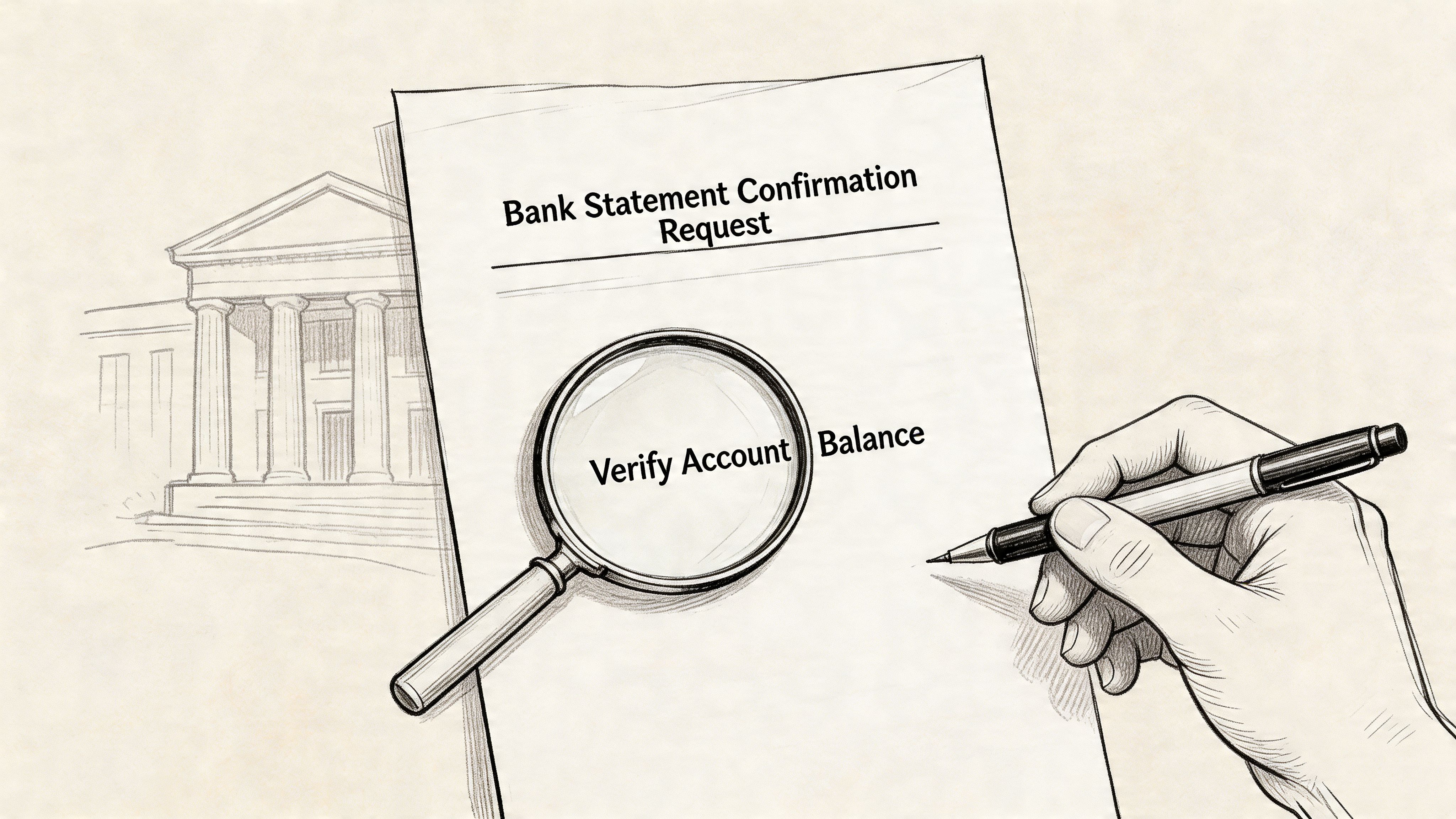 A hand holding a pen over a bank statement confirmation request document with a magnifying glass.