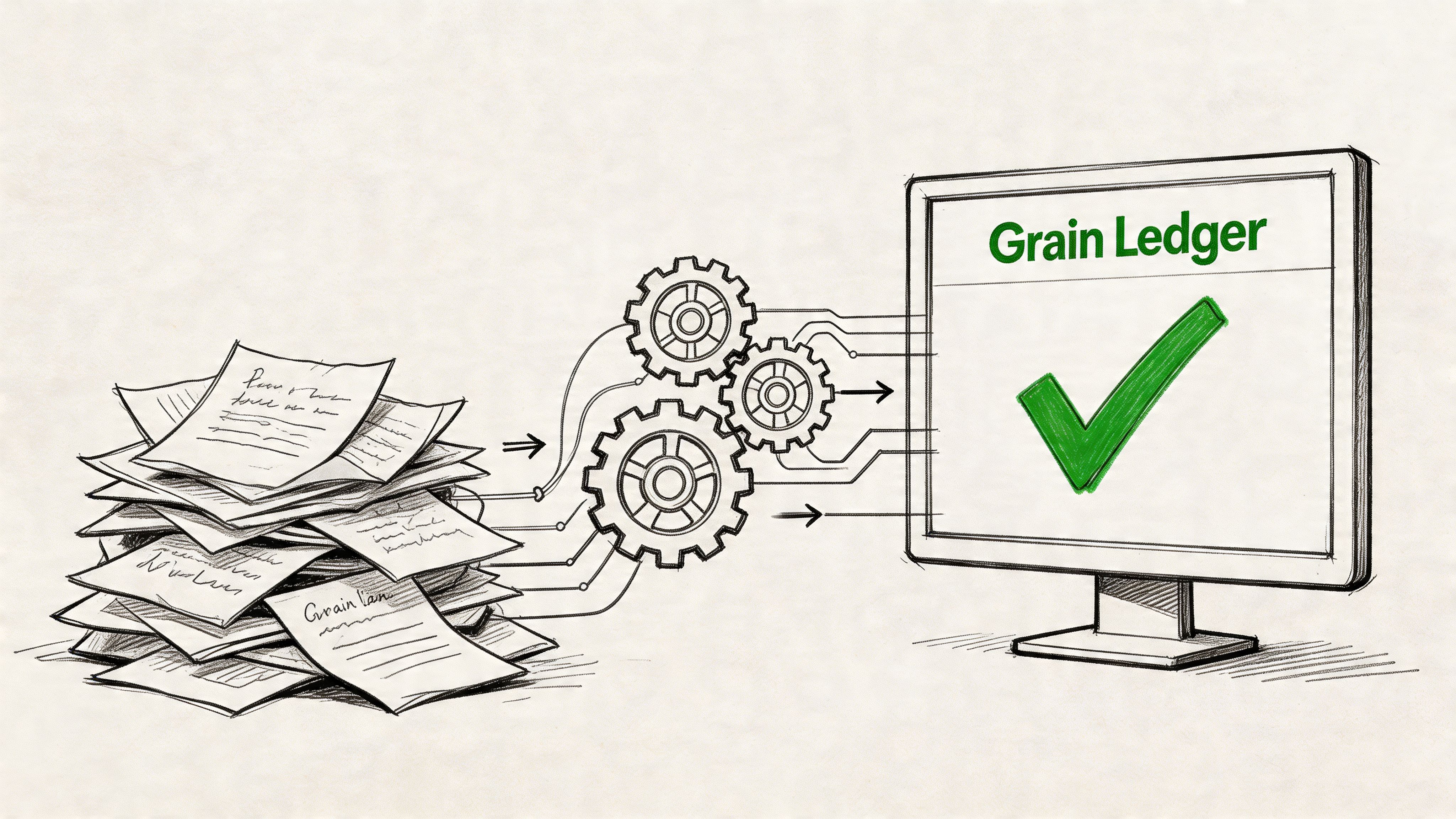 A digital illustration showing stacks of paperwork being processed through gears into a computer grain ledger.