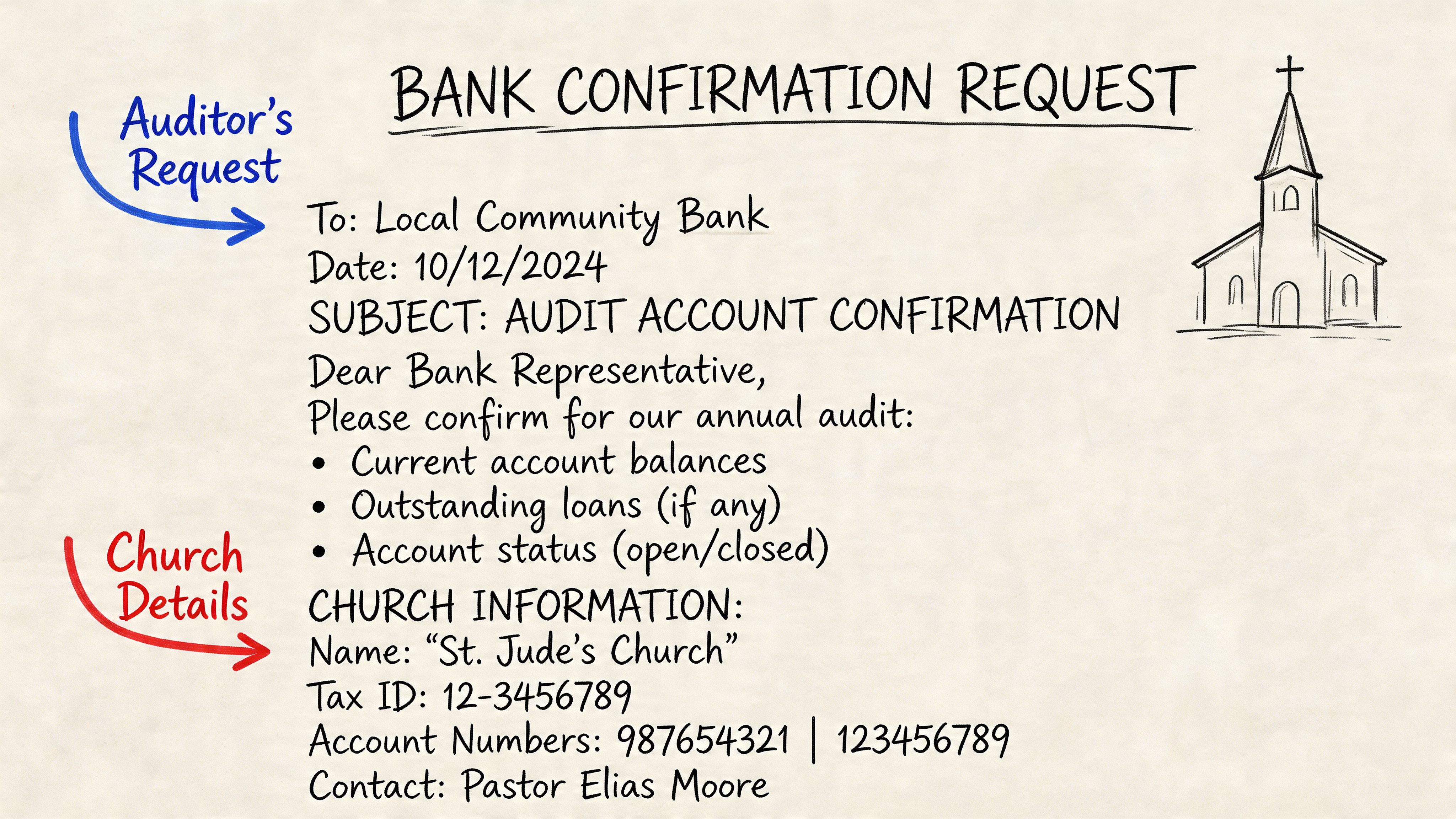 A hand-drawn bank confirmation request document from St. Jude's Church for their annual financial audit.