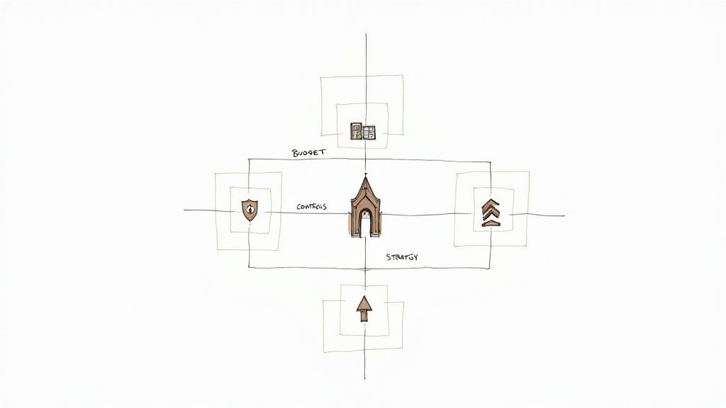 A diverse group of people sitting around a table reviewing financial documents in a well-lit meeting room.