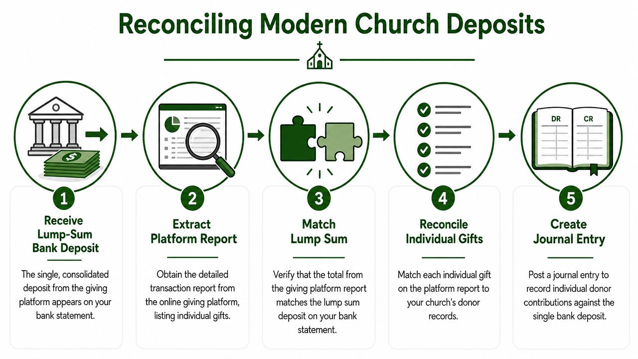A five-step infographic showing the process of reconciling church bank deposits from online giving platforms.