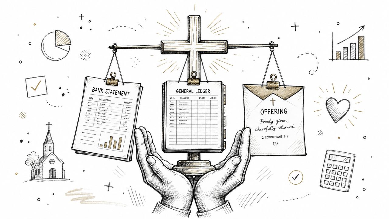 An illustration showing hands holding a scale with a bank statement, general ledger, and offering envelope.