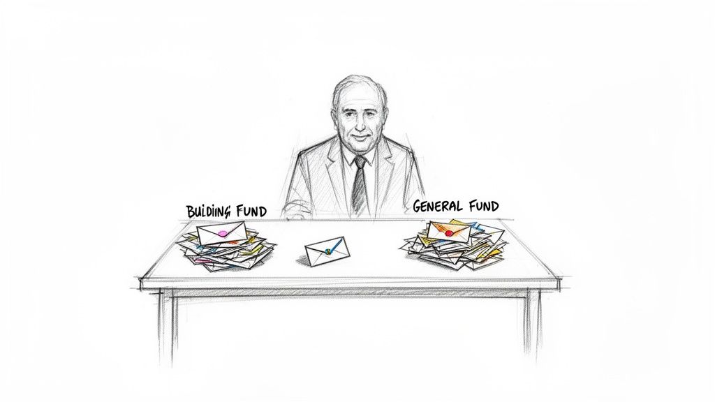 A sketch of a man at a desk with 'Building Fund' and 'General Fund' envelopes, symbolizing fund allocation.