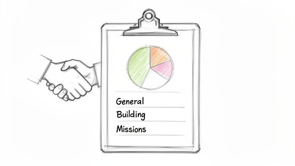 Illustration of a handshake and a clipboard with a pie chart detailing budget categories.