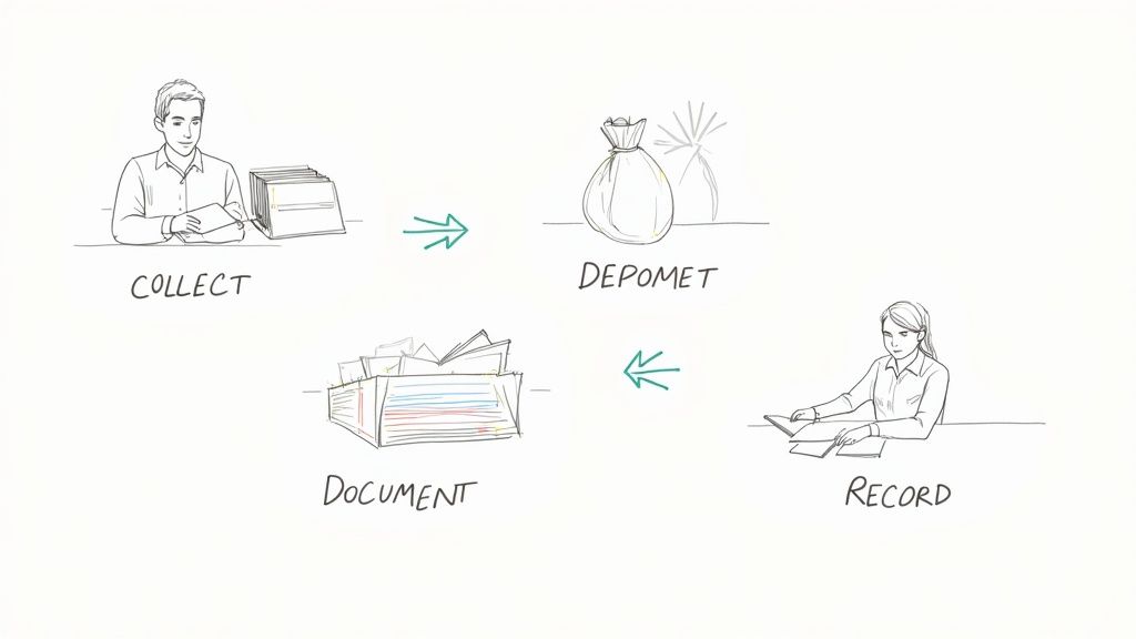 A diagram illustrates a financial process: collecting, depositing money, documenting, and recording papers.