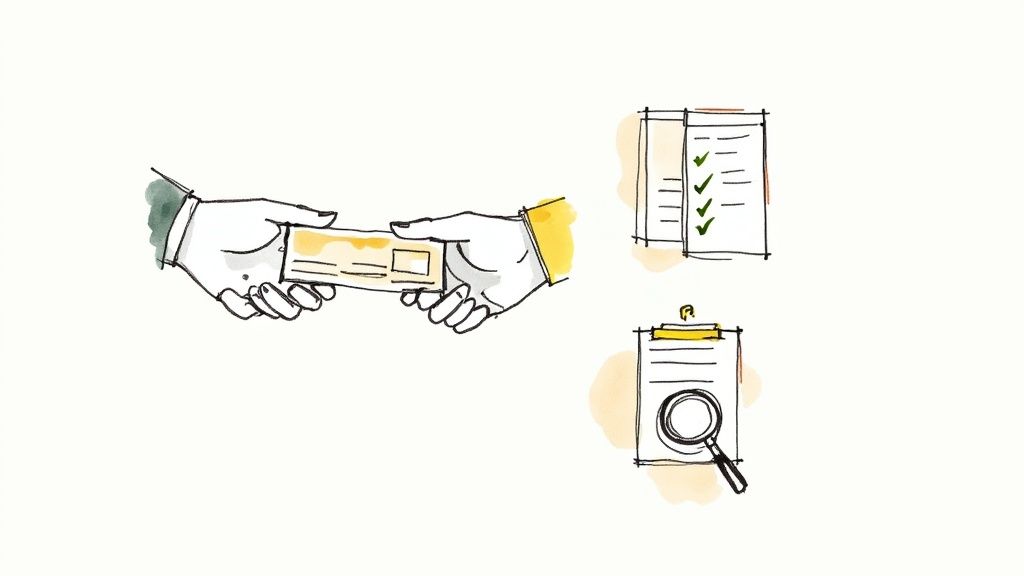 Illustration of hands exchanging a document, a checklist with green ticks, and a document with a magnifying glass for auditing.