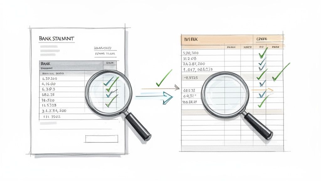 Visual of bank statement reconciliation and data verification process with magnifying glasses and checkmarks.