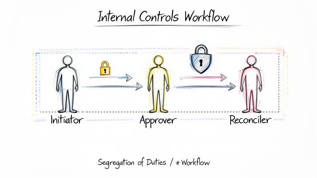 Diagram illustrating an internal controls workflow with Initiator, Approver, and Reconciler roles, highlighting segregation of duties.