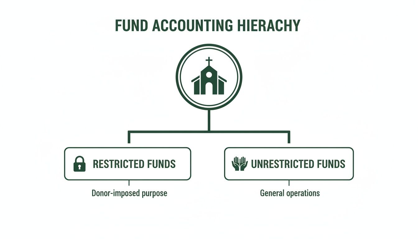 Fund accounting hierarchy diagram showing restricted and unrestricted funds for a non-profit.