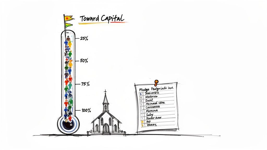 Illustration of a church capital campaign thermometer near completion, next to a pledge list.
