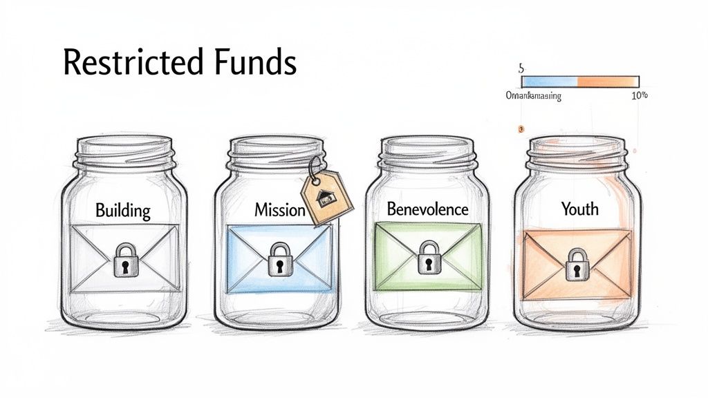 Four jars representing restricted funds for building, mission, benevolence, and youth, each with a locked envelope.