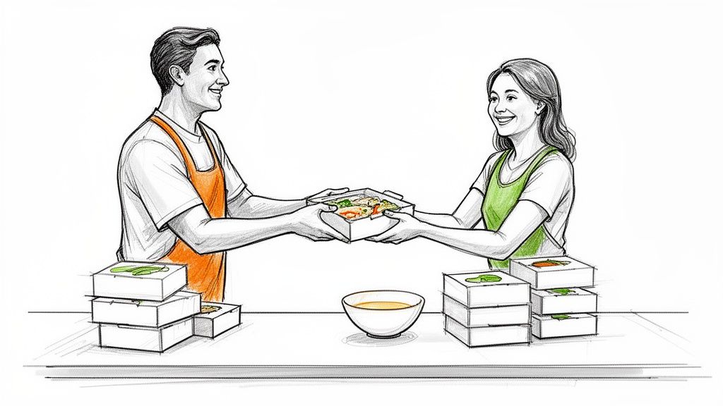 Two smiling individuals in aprons exchange a meal prep box, surrounded by more food containers.